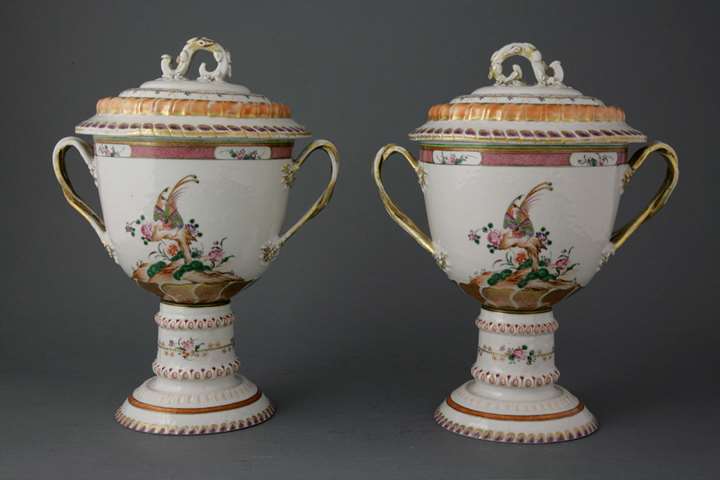 Pair of Chinese export porcelain famille rose loving cups and covers